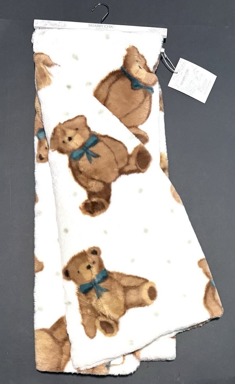 Shabby Chic Faux Fur Teddy Bear Throw Blanket NWT Teal White Brown 50X70”